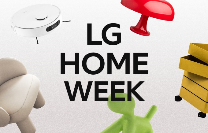 베이지색 배경에 가운데에 붉은 글씨로 "LG Home Week"라고 써있는데 주위에는 여러 가전&가구 3D 오브제들이 떠다니는 이미지